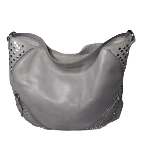 She + Lo Leather Hobo Shoulder Bag  Studs Tassel Boho Bag Gray Taupe - Picture 6 of 10